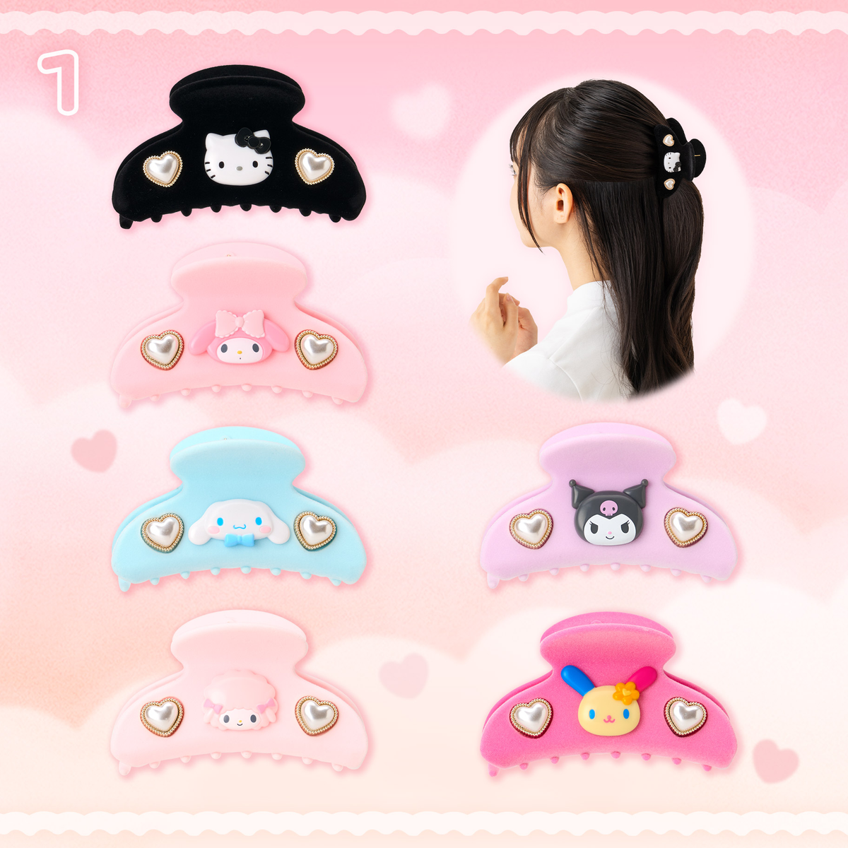 Sanrio｜Characters 3D Face Pearl Heart Flocky Hair Claw Clip｜9×4×5cm approx.