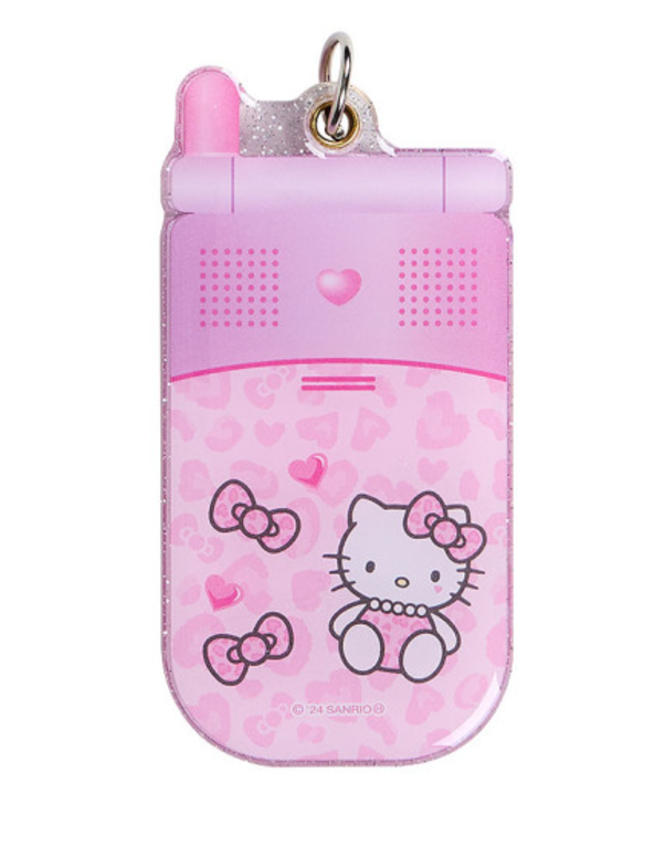 Hello Kitty凯蒂猫｜ Sanrio Slide Flip Phone Keychain/ Gogo Gal Collection Leopard Pink怀旧复古辣妹系列翻盖手机造型钥匙扣挂件/包挂｜约4.5×0.7×9cm